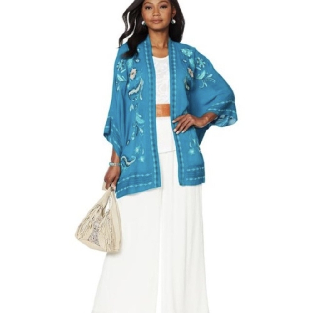 Curations Turquoise Floral Embroidered Open Front Kimono Duster